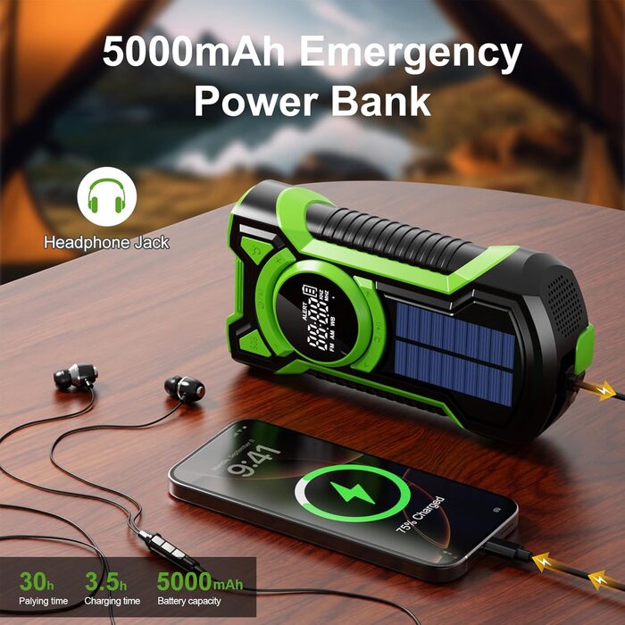 Радіо на сонячній батареї та ручному приводі Gemmac 5000mAh з Bluetooth, USB AM/FM, Power Bank, SOS-сигналом, ліхтариком – для кемпінгу та виживання (Зелений)