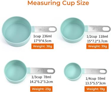 FBHappiness 4-Piece Baking Tool Set with Kitchen Measuring Spoons, Stainless Steel Handle, Measuring Cups with Scale, Measuring Spoons, Kitchen Helper (Color: 4 Green Cups) (4 Green Cups)