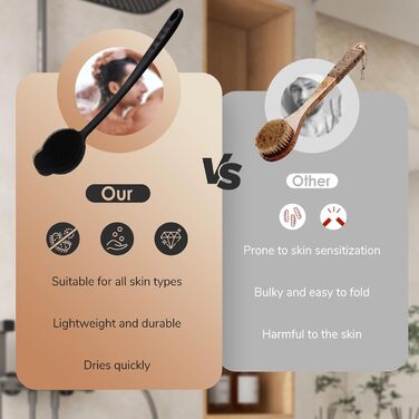 Силіконовий скребок для тіла під душ з довгим ручним держаком, двосторонній скребок для душу для пілінгу та масажу, створює багату піну, скребок для спини з довгим ручним держаком для чоловіків (Carbon Black)