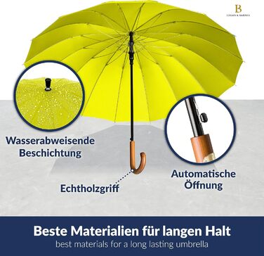 Logan & Barnes Stormproof Umbrella - 120cm Extra Large Windproof Umbrella with Wooden Handle & Silent Rubber Tip - 16 Rib Model EDINBURGH (Yellow)