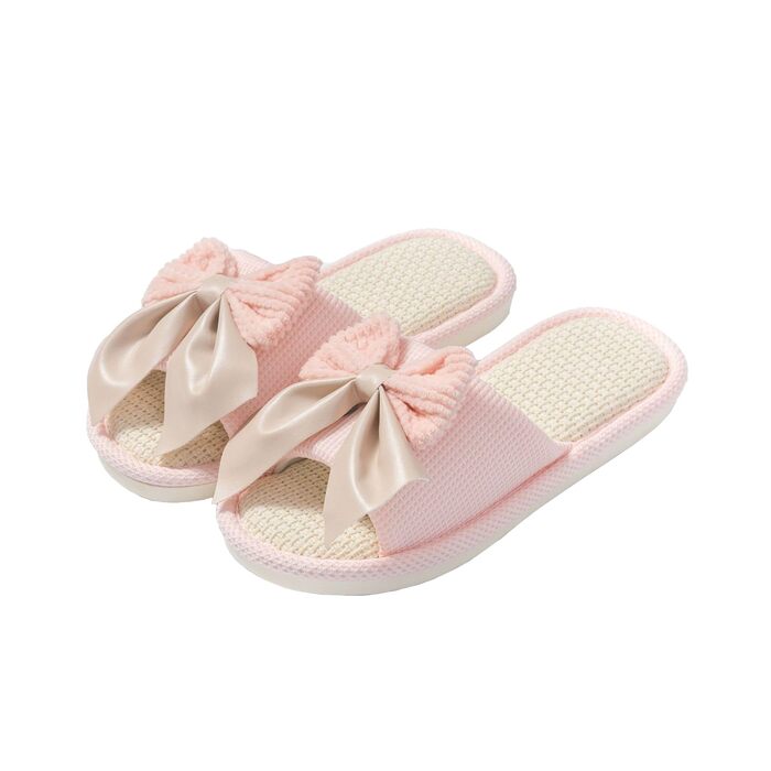 Тапочки жіночі домашні з льону, дихаючі, антиковзкі, з бантиком, м'які, відкриті, для дому, рожеві, 40/41 EU