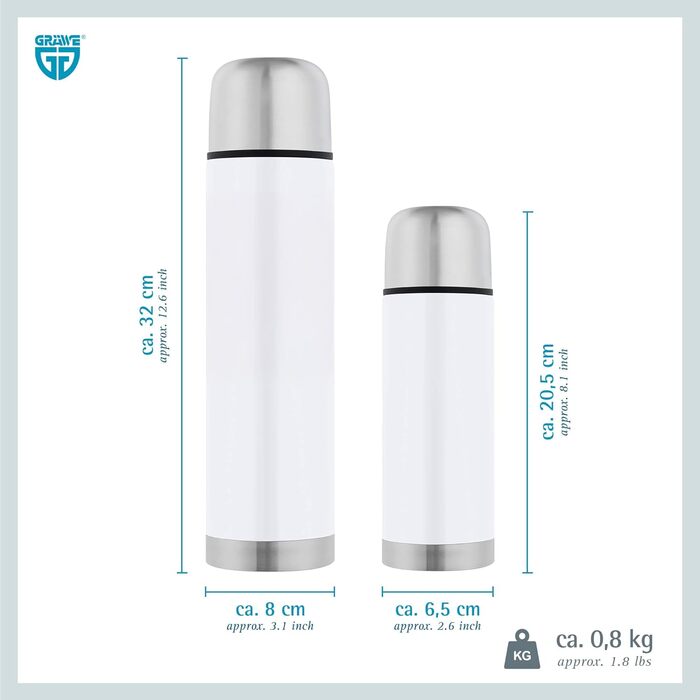 Термос GRÄWE з нержавіючої сталі, 1 л / 350 мл, білий. Термокружка-термос для напоїв, з чашкою, не протікає, можна мити в посудомийній машині