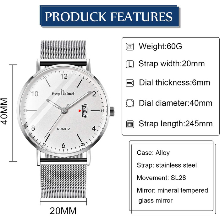 Годинник на зап'ясті Unendlich для чоловіків: ультратонкий, водонепроникний, кварцовий, з мінімалістичним цифровим дисплеєм, з цифровим календарем, для бізнесу та повсякденного носіння, з нержавіючою сталею (Silver-b)