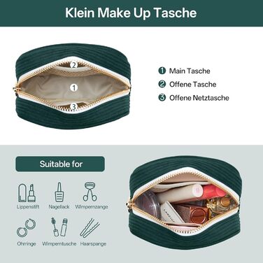 Косметичка для жінок KALIDI з корду, зручна для подорожей, з відділеннями, металева блискавка, темно-зелена