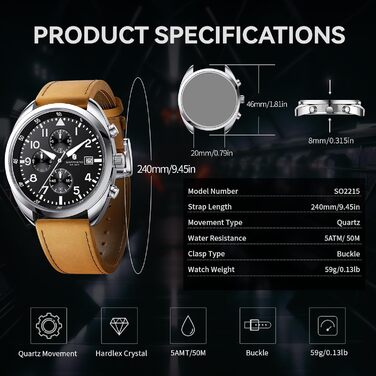 Чоловічий годинник SAPPHERO: кварцовий, аналоговий, з шкіряним ремінцем. Класичний бізнес-годинник, водостійкий (50 м), з арабськими цифрами, хронограф, стильний годинник для повсякденного носіння (срібний, чорно-коричневий ремінець, модель 2215)