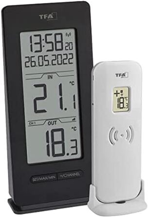TFA Dostmann Funk Thermometer Indoor/Outdoor, 30.3072.01.90, including radio clock and date, Max.-Min. function, wireless, Amazon Exclusive, black