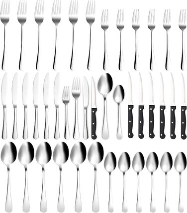 Xespis Cutlery Set, 6 Person, 36-Piece Stainless Steel Cutlery Set, with Steak Knives, Elegant Dining Cutlery, High-Gloss Polished and Dishwasher Safe, including Knife, Fork, and Spoon, for Home, Party, Restaurant