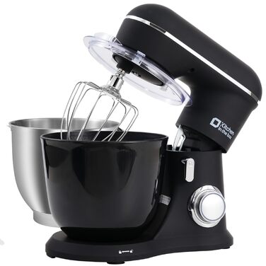 Кухонний комбайн Kitchen in the box, планетарний міксер з чашами 4,5 л та 5 л, 1300 Вт, 10+ швидкостей, з насадками (гак, міксер, вінчик), чорний
