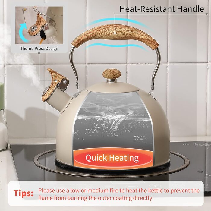 Чайник для плити LONFFERY 2.5 л з свистком, з нержавіючої сталі, з дерев'ястим декором, складаний ручка, кремово-білий