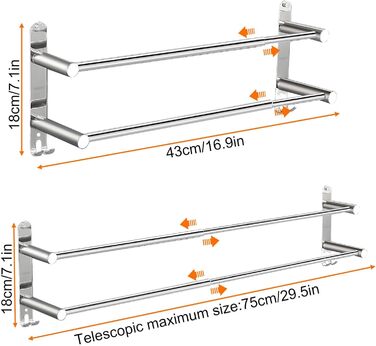 Тримач для рушників настінний з нержавіючої сталі, глянсовий, висувний, 2 стійки, 43-75 см з гачками, для ванної кімнати, монтаж на свердла або на клей - 2 способи встановлення, підходить для ванної та кухні