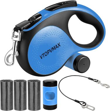 Висувна поводок для собак VTOPVMAX - для середніх та великих собак до 50 кг, міцна висувна стрічка, безпечний кабель, диспенсер для відходів, гальмо однією рукою (білий) (8 м, блакитний)