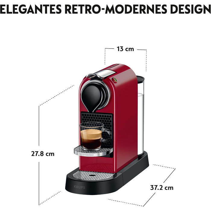 Кавова машина Krups Nespresso CitiZ XN7415, капсульна, 1260 Вт, 19 бар, резервуар 1 л, червона