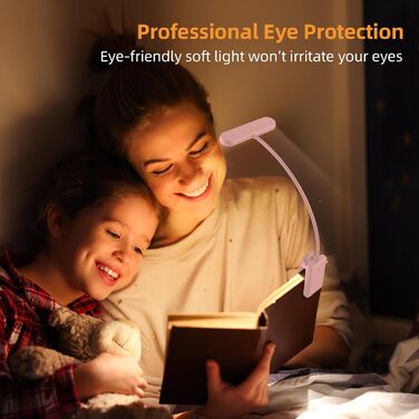 Ліхтарик для читання з кліпсою, USB-C, 3 кольори, 10 рівнів яскравості, гнучкий тримач, дитячий, рожевий (2 шт)