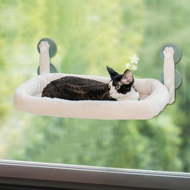EWOOFUN Cat Hammock Window Perch 54x30cm Cat Bed Window Hanging Perch - Cat Window Lounger with Upgraded Strong Suction Cups up to 18kg (Beige, M-with Bed)