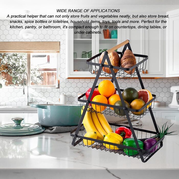 Багатоярусна металева підставка для фруктів та овочів MaxEarn - 3 яруси, велика місткість, з дерев'яною ручкою