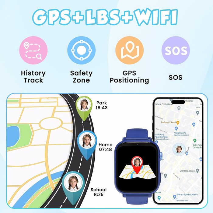 Дитячий розумний годинник з GPS та телефоном, 4G, блакитний. З відеодзвінками, чатом, SOS, ігровими функціями, будильником, шкільним режимом. Подарунок для хлопчиків та дівчаток 4-12 років.