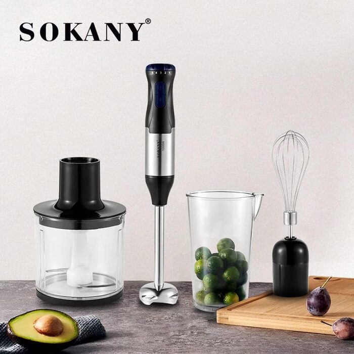 SOKANY Stabmixer 1000W: 4-в-1 блендер для супів, смузі та дитячого харчування. Зеркало, міксер, вінчик, чаша-мірна склянка