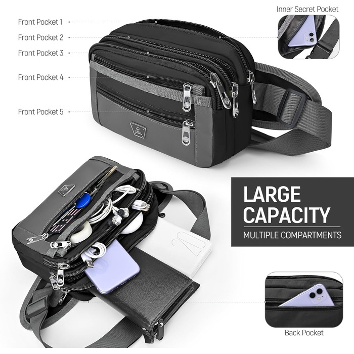 Чоловіча/Жіноча Поясна Сумка-Шейкер з 7 Кишенями для Спорту, Фітнесу, Бігу, Велосипеда, Подорожей, Чорна