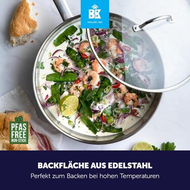 Сковорода BK Bright з нержавіючої сталі з охолоджувальною ручкою, професійне приготування їжі, 18/10 нержавіюча сталь, індукційна плита, термостійка до 230°C, безпечна для запікання, придатна для миття в посудомийній машині, срібна, 28 см