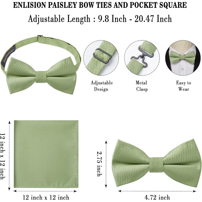 Енлізіон краватка-метелик для чоловіків з кишеньковим хустинкою - Комплект краватки-метелика та хустинки для весілля, костюма, з подарунковою коробкою (світло-зелений)