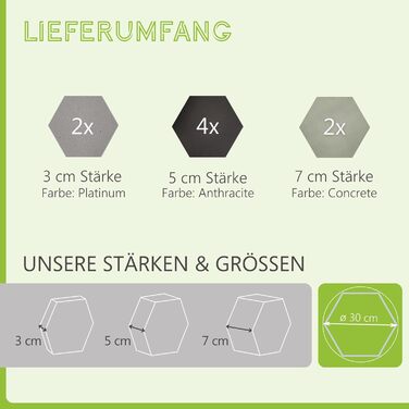 Акустичні панелі platino24 Edition LOFT 3D (8 шт), Ø 300мм, звукопоглинаючі плити Basotect для стін та стелі (2x Платина, 4x Антрацит, 2x Бетон)