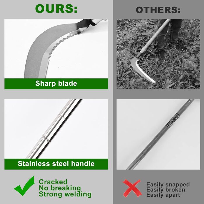 Weed scythe, steel grass scythe with serrated double-edged blade, telescopic grass grabber, stand-up weed scythe, lightweight scythe, garden tool, long handle for garden, yard