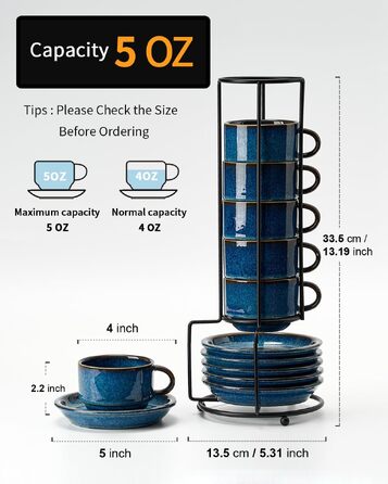 Набір кавових чашок Home Decor Espresso (6 шт) 140 мл, з підставками та стійкою, кераміка, реактивна глазур блакитного кольору для еспресо, капучино, лате