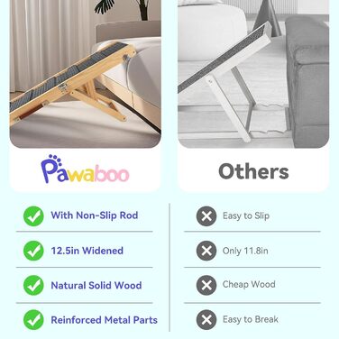 Pawaboo Дерев'яна пандус для собак, регульована висота, до 143lbs, 80x30см