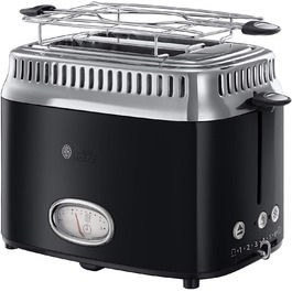 Russell Hobbs Toaster [for 2 slices] Retro Stainless Steel Black (Retro-style countdown display, including bread roll attachment, 6 browning levels + defrost & reheat function, 1300W) Vintage 21681-56