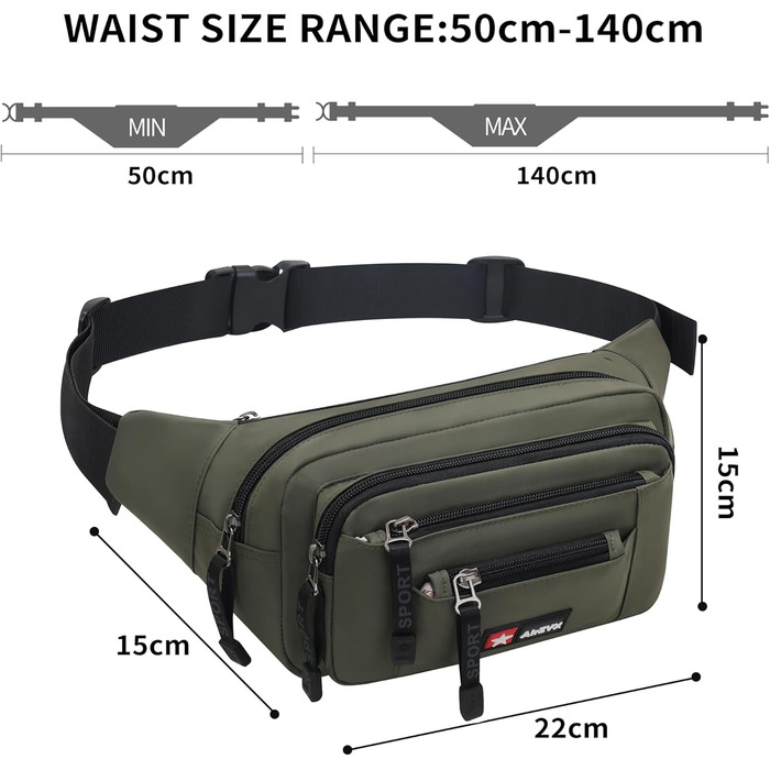 Водонепроникна поясна сумка/буткава для чоловіків та жінок. Мультифункціональна сумка на пояс з блискавкою. Підходить для подорожей, походів та активного відпочинку на природі (оливковий)