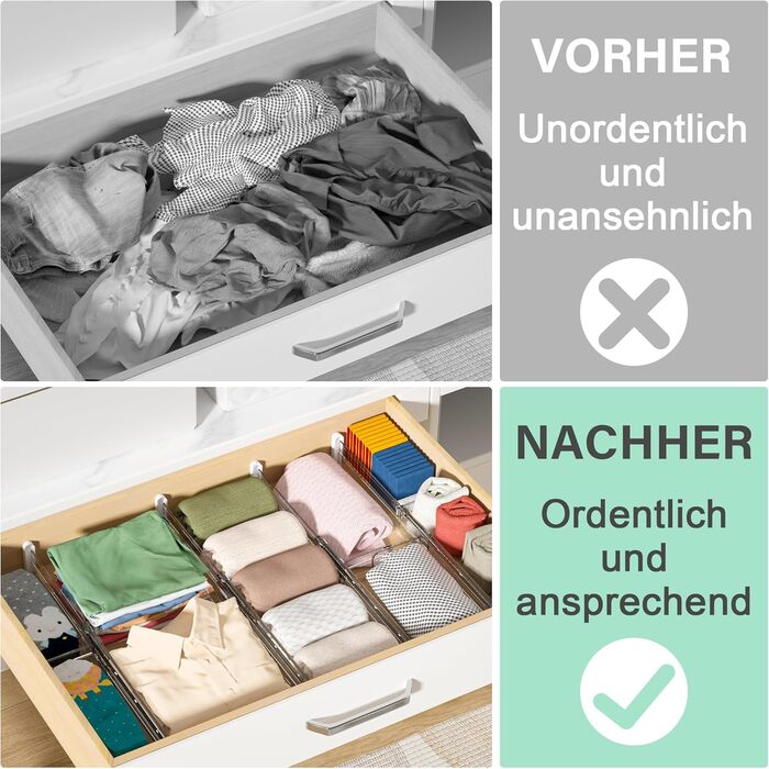 FUNIZE Adjustable Drawer Dividers with Inserts, 8 Piece, 32-58cm Long Dividers with 16 Piece 9-18cm Inserts, Expandable Drawer Organizer for Kitchen, Bedroom, Office Storage