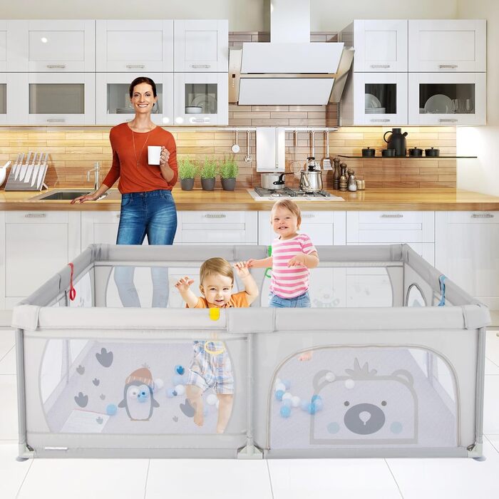 COSTWAY 205 x 147cm Playpen Baby foldable, Playard with 50 balls, 2 doors, side pocket, breathable mesh & zipper, playpen tent for infants & toddlers (Gray-Penguins) Gray-Penguins Without mattress