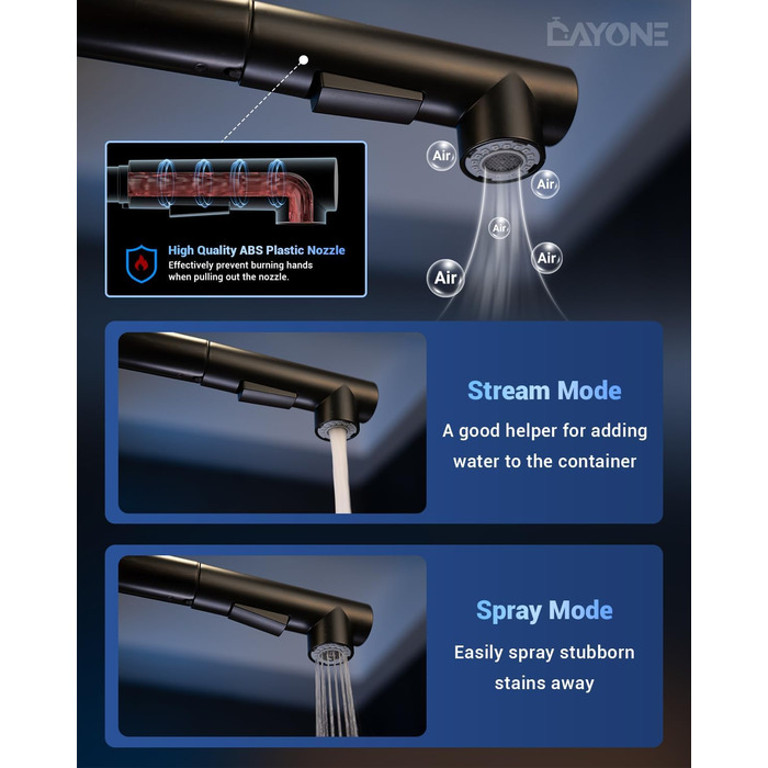 Чорна кухонна змішувач DAYONE з висувною лійкою, 360° обертання, модель G6808mb