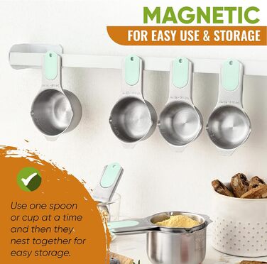 Measuring cups and spoons, magnetic, mint green, 15 pieces