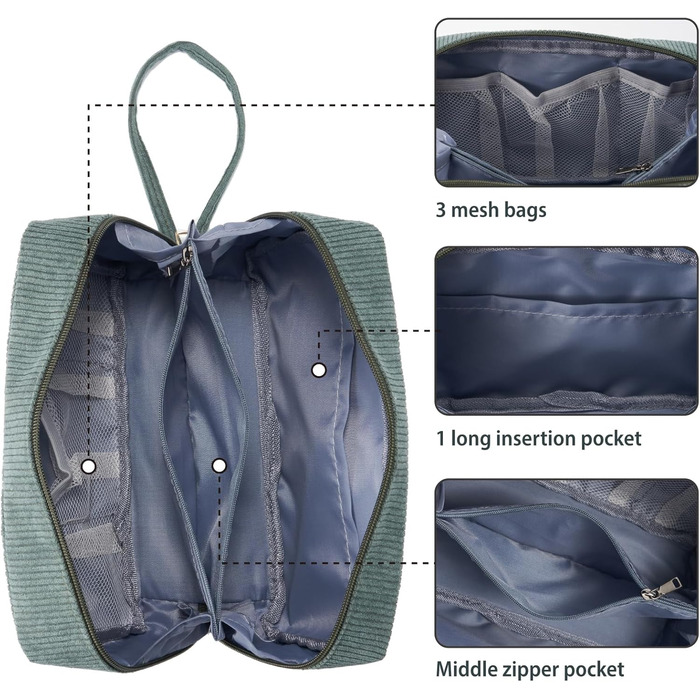 Жіноча косметичка-органайзер з корду, туристична, для подорожей, зелена