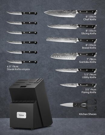 Yabano 14-Piece Professional Knife Set with Sharpening Block - Stainless Steel Chef Knives with Plastic Handles & Wood Block