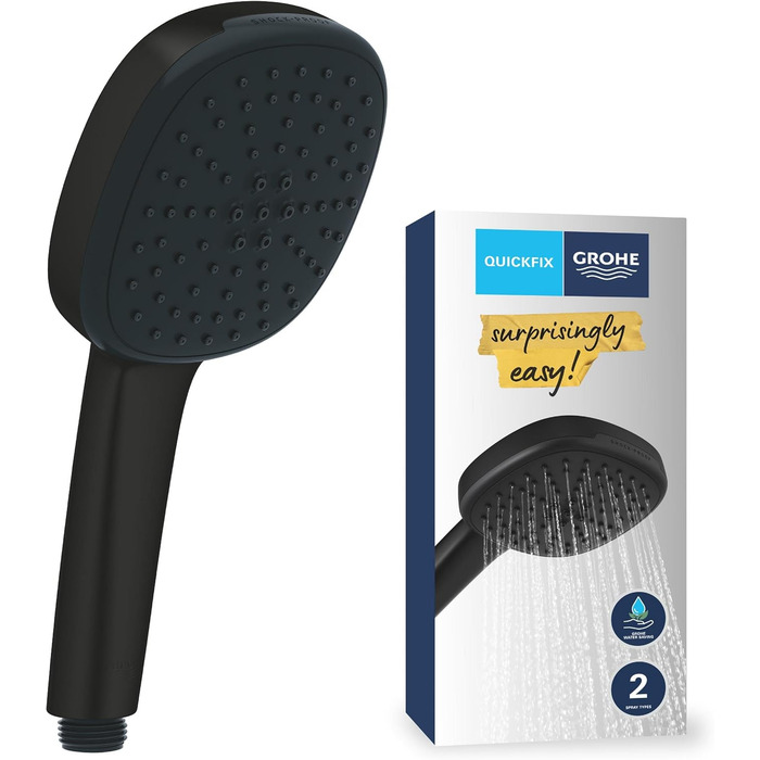 Душова лійка GROHE Vitalio 110 з гнучким шлангом та кріпленням, водозберігаюча, 8 л/хв (ручна лійка з 2 режимами, душова лійка з шлангом 1,5 м, кріплення на клейкій основі), квадратна, чорна