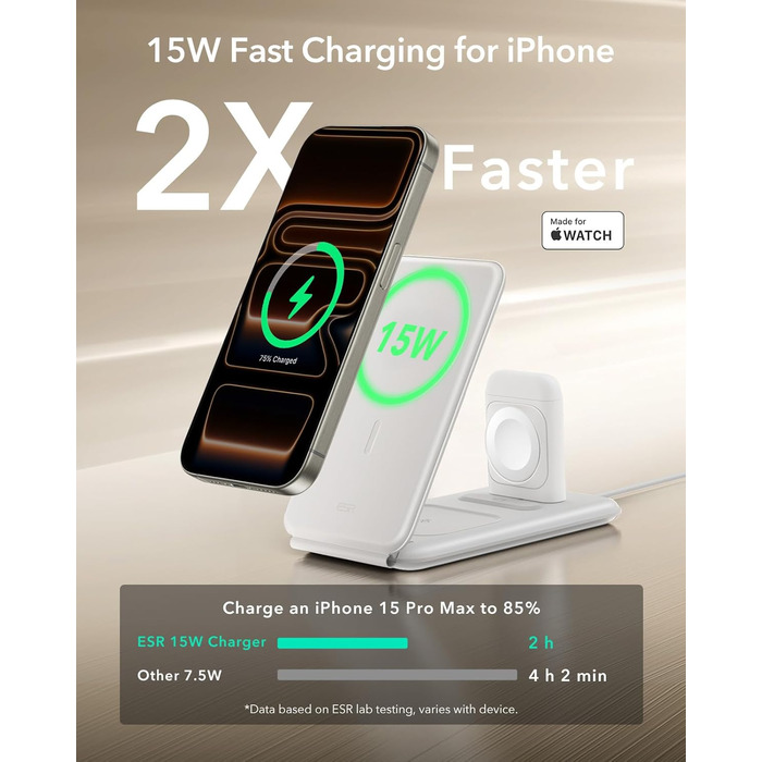 Зарядний станція 3-в-1 ESR для Apple Watch та iPhone з MagSafe, складана, з чохлом (білий)