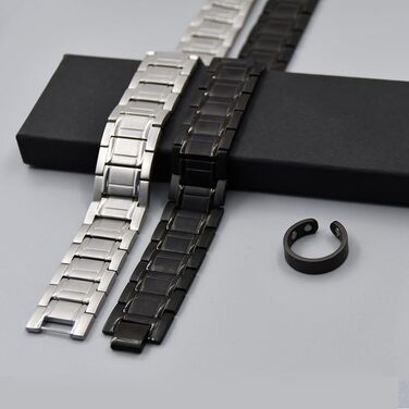 Браслет для лімфодренажу з магнітами для чоловіків, титан, регульований, з інструментом для зняття та подарунковою коробкою (Чорний) (3 ряди срібла)