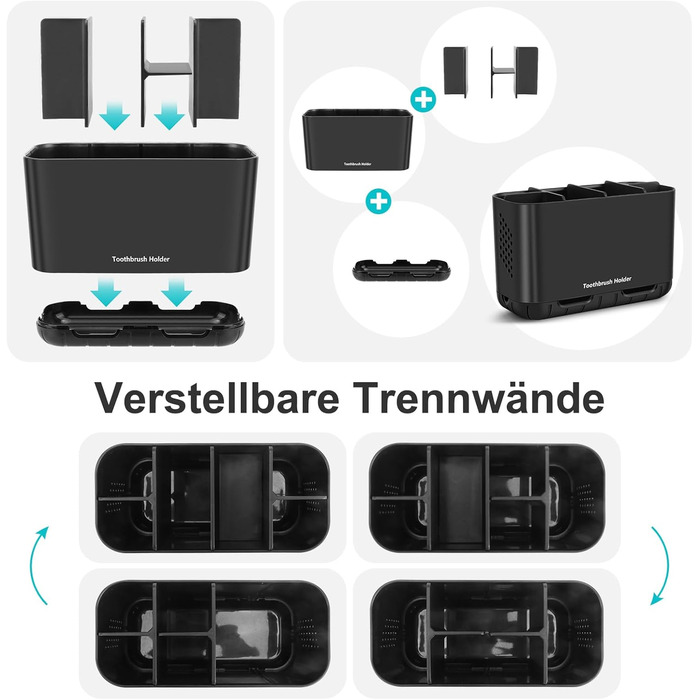 Тримач для зубних щіток електричних, органайзер для ванної кімнати, великий, антиковзний, регульований, сімейний, дитячий, чорний