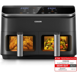 Фритюрниця з двома камерами COSORI Airfryer 8,5 л, 8-в-1, подвійна зона, з віконцем, енергозберігаюча, для 1-5 осіб, чорна