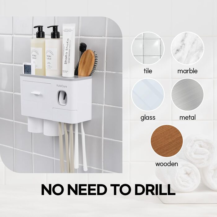 HubiCare Toothbrush Holder with Toothpaste Dispenser Wall Mount for Bathroom, Automatic Toothpaste Press, Bathroom Organization and Storage, 5 Toothbrush Slots (2 Cups)