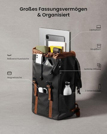 Tomtoc Laptop Backpack for Women and Men, Vintage Daypack Daypack Casual Backpack with 22 Liters for Everyday Use, Leisure, University, School, Classic Backpacks Fits 13-15.6 Inch Laptops, Black