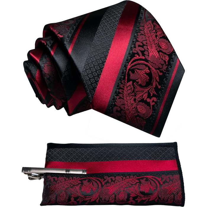 Набір краваток чоловічий JEMYGINS з поєднанням ромбічних візерунків та смужок, з краваткотримачем та кишеньковим хустиною, бордовий
