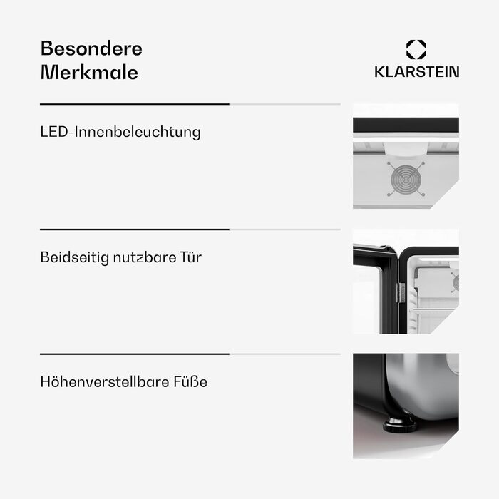 Klarstein Audrey Evo: Холодильник для напоїв 68L, ретро-дизайн, LED-підсвітка, подвійне скло, 0-10°C, клас енергоефективності C, регульовані ніжки, чорний