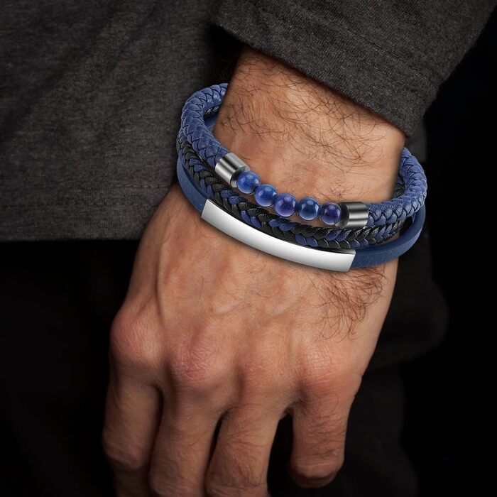 Браслет чоловічий шкіряний плетений Lederarmband з магнітною застібкою (синьо-срібний, 18.5 см)