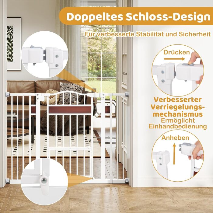 Захист для дверей Costway для собак, 74-104 см, 76 см заввишки, з маленькими дверцятами, 2 розширення, автозакривання та подвійний замок, без свердління, висувний захист для собак (білий)