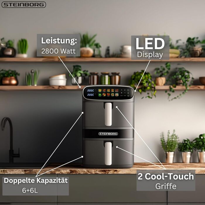 Фритюрниця Steinborg® Heißluft XXL 12 літрів з подвійною камерою, 6+6 літрів, для смаження, запікання, сушіння та грилю без олії
