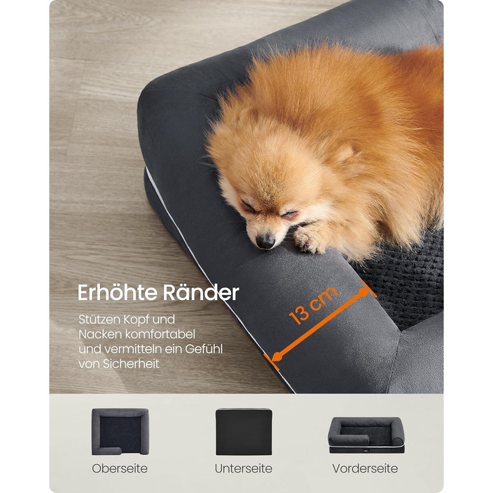 Feandrea Orthopedic Dog Bed, Dog Cushion, Dog Basket, Soft Padding, Dog Sofa, Raised Edges, Removable and Washable Cover, 91 x 71 x 20 cm, Non-Slip Bottom, PGW076G01 (L 76 x W 51 x H 18 cm, Dark Grey)