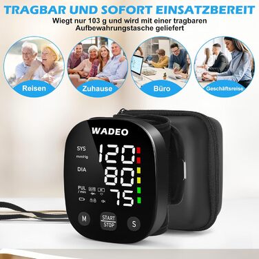 Цифровий тонометр WADEO на зап'ясті, мовлення 5 мовами, виявлення аритмії, портативний тонометр для дому та подорожей, 2 x 99 пам'ять, з батарейками та коробкою для зберігання, білий (чорний)